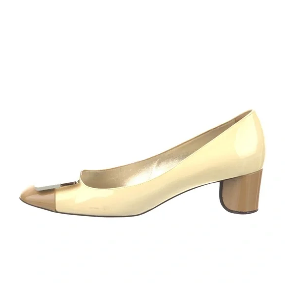 Authentic Roger Vivier Yellow, Gray and Tan patent leather pumps Shoes. Size 39